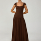 Women Square Cap Sleeve Midi Dress Elegant Brown U Neck Slim Waist Bodycon Club Party Pleated Long Dresses Fashion