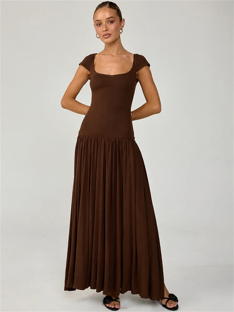 Women Square Cap Sleeve Midi Dress Elegant Brown U Neck Slim Waist Bodycon Club Party Pleated Long Dresses Fashion