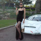 Glitter Sequin Mesh Black Long Party Dress Woman Elegant Sexy Sleeveless Maxi Dresses with Scarf