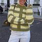 Women Fuzzy Mohair Knit Cardigan Striped Round Neck Button Front Cropped Sweater Long Sleeve Y2K Retro Streetwear Jacket