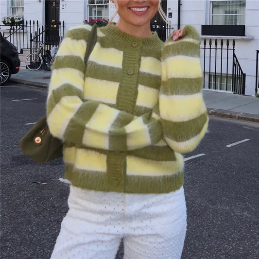 Women Fuzzy Mohair Knit Cardigan Striped Round Neck Button Front Cropped Sweater Long Sleeve Y2K Retro Streetwear Jacket