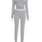 Sporty Tracksuits 2-Piece Set Women Slash Neck Crop Top+Ruched Pants Matching Simple Stretch Skinny Casual Outfits