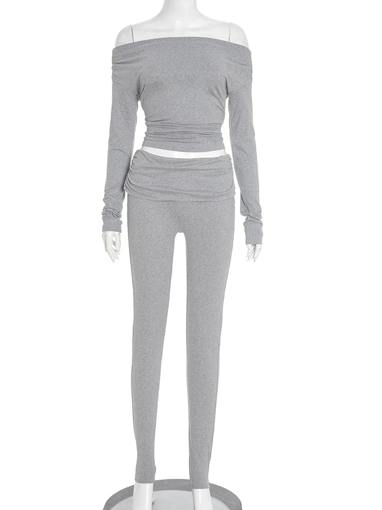 Sporty Tracksuits 2-Piece Set Women Slash Neck Crop Top+Ruched Pants Matching Simple Stretch Skinny Casual Outfits