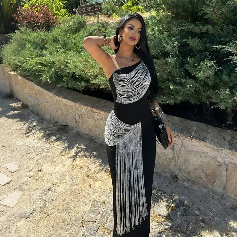 One Shoulder Backless Fringed Long Dresses Black Gowns Elegant Sexy Woman Birthday Dresses