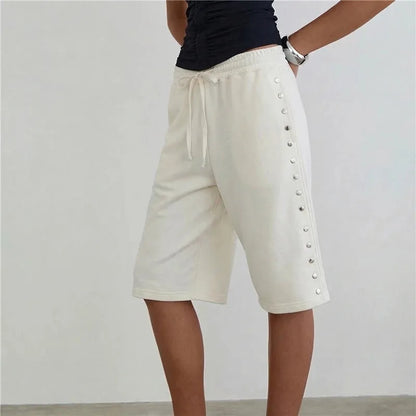 Women's Knee Length Sweat Shorts with Side Snap Buttons Drawstring Waist Casual Loose Fit Summer Y2K Streetwear