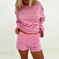 Y2K Striped 2 Piece Set Women Oversized Long Sleeve Crop Top Low Rise Shorts Spring Fall Casual Loungewear Pajama Set