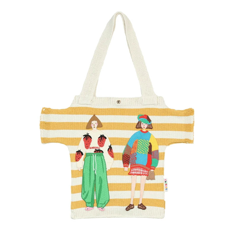 Striped Figure Applique Canvas Tote Bag, 2 Colors Cute Cartoon Character Patch Large Capacity Shoulder Shopping Bag