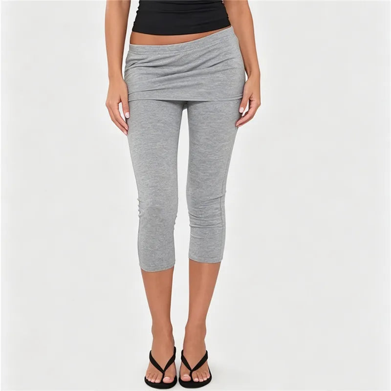 Chic Women Fold Over Waist Skirted Capri Leggings Stretchy Slim Fit 3/4 Cropped Pants Daily Casual Y2K Streetwear Bottom