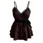 Women Polka Dot Cami Top Bow Lace Trim V Neck Tiered Layer Ruffle Babydoll Sleeveless Backless Smocked Peplum Camisole