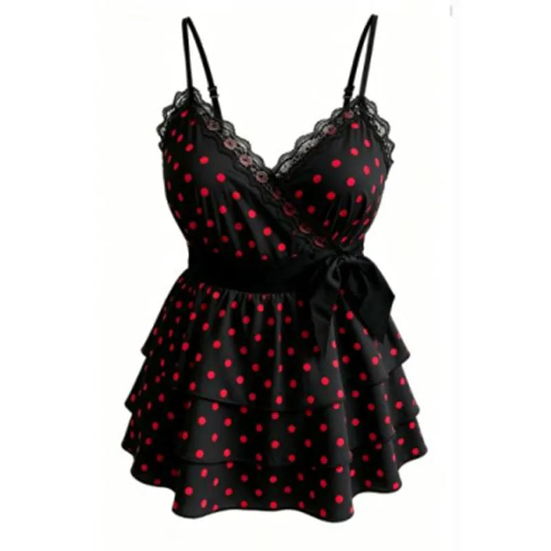Women Polka Dot Cami Top Bow Lace Trim V Neck Tiered Layer Ruffle Babydoll Sleeveless Backless Smocked Peplum Camisole