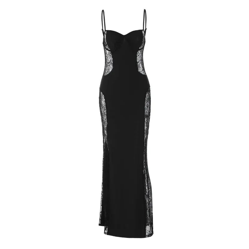 Lace Hollow Sexy Black Dresses for Woman Party Evening Outfits Spaghetti Strap Low Cut Backless Maxi Dress