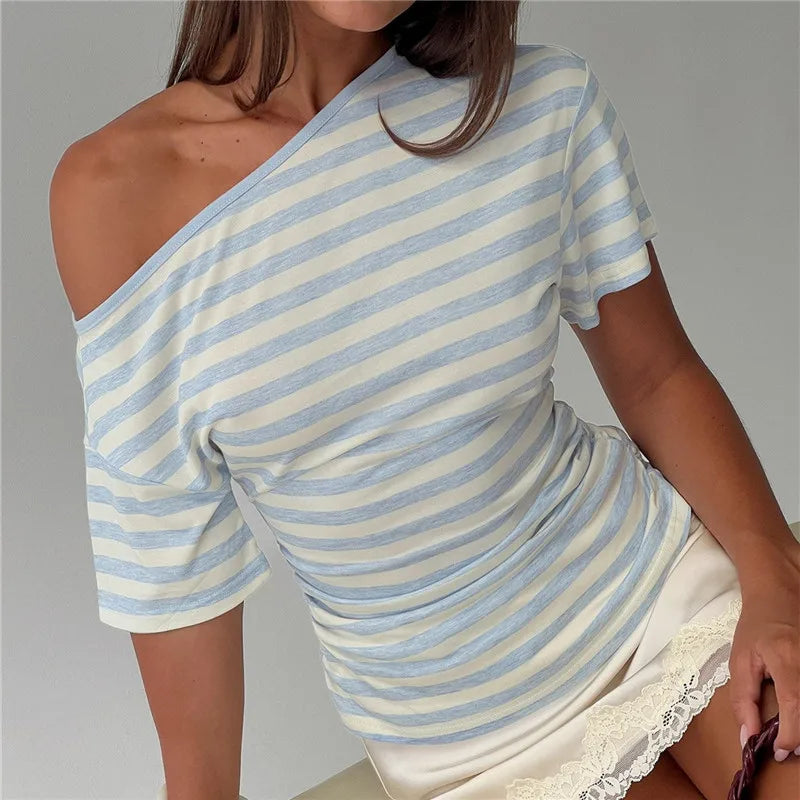 Summer Women's Striped Off-Shoulder T-Shirt with Ruched Side Short Sleeve Asymmetrical Neckline Casual Tops Daily Wear