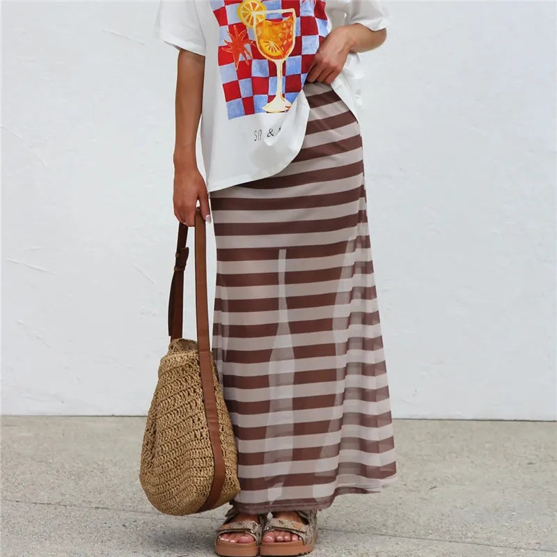 Y2K Casual Womens Striped See Through Mesh Long Skirt Elastic Waist Flared Hem Sheer Maxi Skirt Street Vacation Outfit