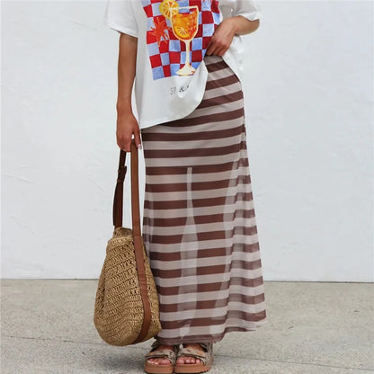 Y2K Casual Womens Striped See Through Mesh Long Skirt Elastic Waist Flared Hem Sheer Maxi Skirt Street Vacation Outfit