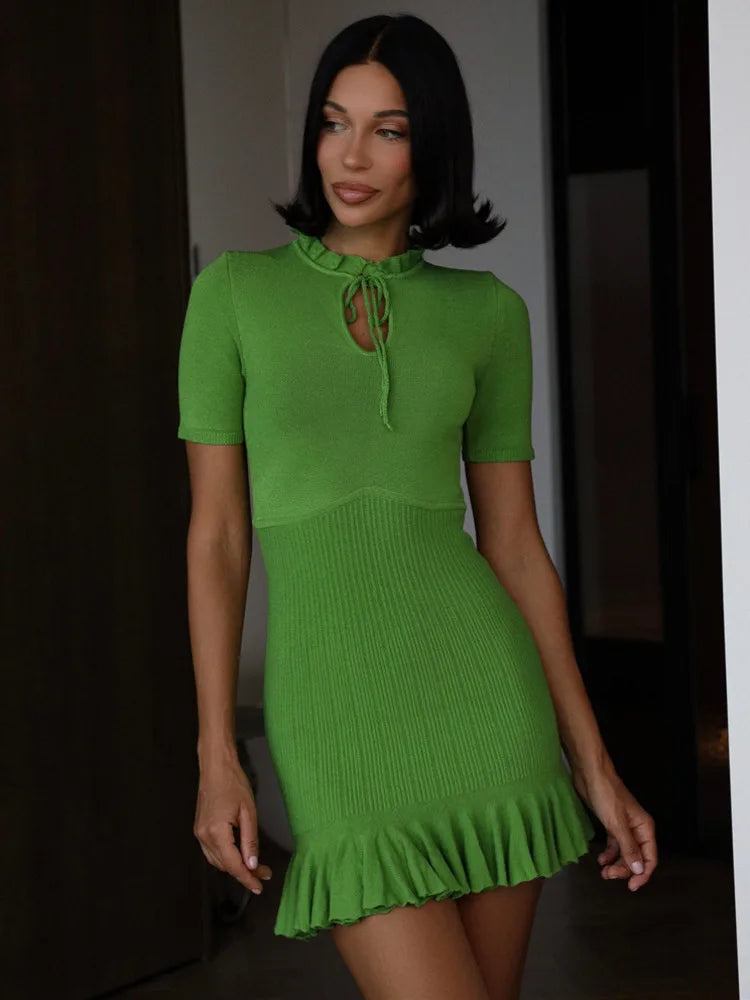 Summer Short Sleeve Ruffle Mini Dress Women Sweater Pullover Elegant Fashion Hollow Out Ribbed Slim High Waist Dress