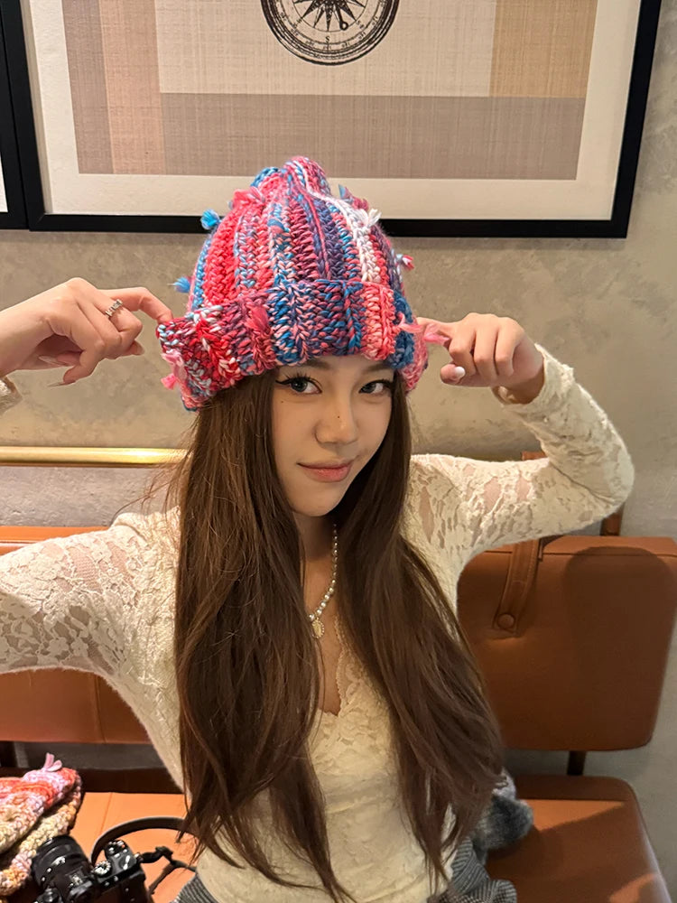 Dopamine Colorful Vertical Striped Rolled Edge Beanie For Women