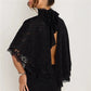 Women's Vintage Floral Lace High Neck Blouse Capelet Batwing Sleeve Open Back Bow Tie Backless Flowy Sheer Cropped Top