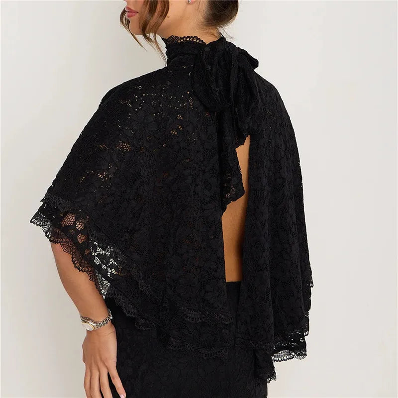 Women's Vintage Floral Lace High Neck Blouse Capelet Batwing Sleeve Open Back Bow Tie Backless Flowy Sheer Cropped Top