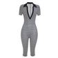 Short Sleeve Shape Waist Playsuit Woman Stripe Patchwork Sexy Deep V-Neck Stretch High Street Fashion Style Rompers