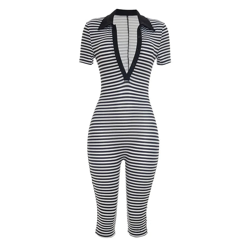 Short Sleeve Shape Waist Playsuit Woman Stripe Patchwork Sexy Deep V-Neck Stretch High Street Fashion Style Rompers