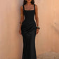 Women Mermaid Maxi Dress Square Neck Sleeveless Ruched Bodycon Long Dress Evening Party Formal Wedding Guest Dresses