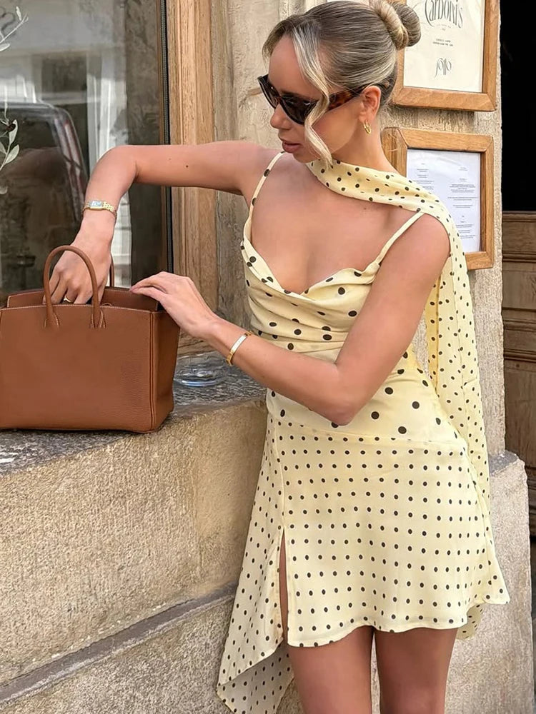 Ruched Elegant Sling Dress + Scarf Woman Polka Dot Print Low-Neck Backless Irregular Hem Street Y2K Style Mini Bodycon
