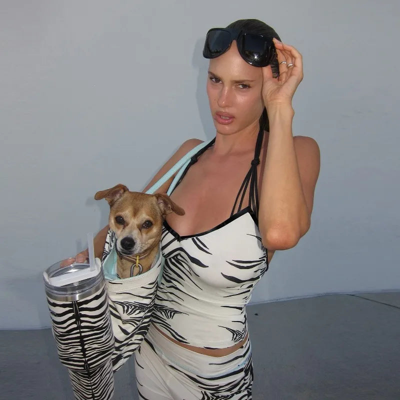 Zebra Print Two Piece Matching Set Halter Top and Pants Fashionable Woman Clothing Rave Outfits Y2k Streetwear