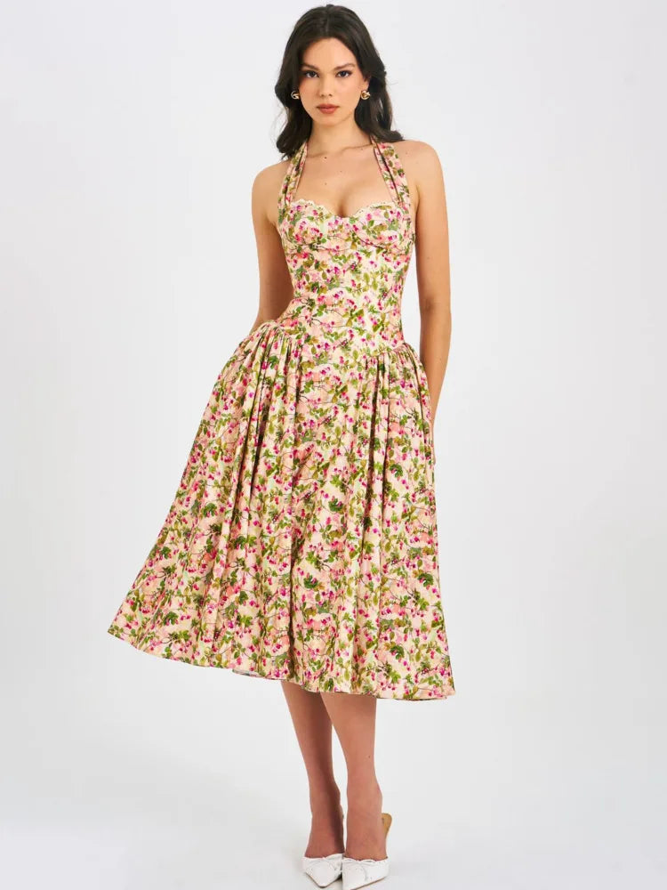 Women Halter Floral Print Sexy Midi Dress Sweetheart Neck Sleeveless Backless Pleated Bodycon Club Party Longdress