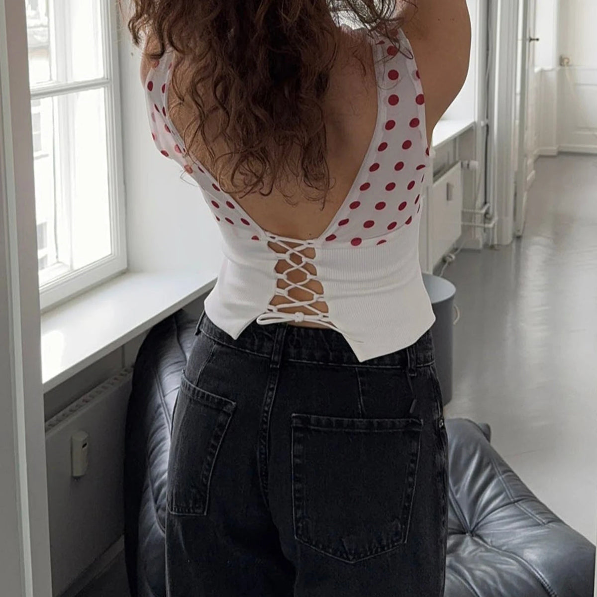 Women Off Shoulder Tops Asymmetrical Boat Neck Sleeveless Backless Y2K Polka Dot Tank Top Going Out Crop Shirts