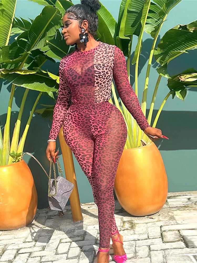 See Through Women 2 Piece Set Sexy Rave Leopard Print Bodysuit+Leggings Body Shaping Tight Matching Activity Clubwear