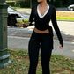Sporty 2Piece Set Woman Autumn Cross V-Neck Full Sleeve Tassel Crop Top+Elastic Waist Long Pant Casual Fashion Basic Suit