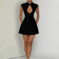 Women Cap Sleeve Sexy Mini Dress Stand Collar Cutout Front Lace Up Back Flared Dress A Line Party Cocktail Short Dress