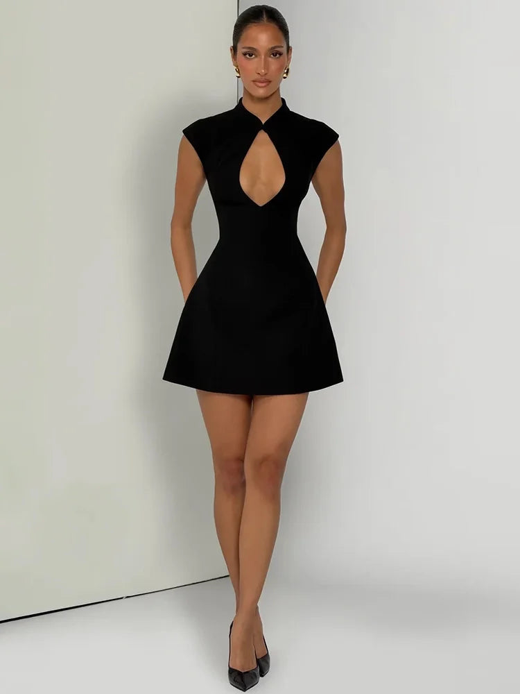 Women Cap Sleeve Sexy Mini Dress Stand Collar Cutout Front Lace Up Back Flared Dress A Line Party Cocktail Short Dress