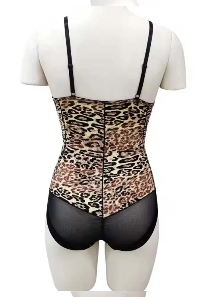Padded Bra Bodysuits Women Sexy Leopard Print Mesh Patchwork Body Shaping Backless Sleeveless Beach Party Shapewear