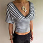 Retro Striped V Neck Crop Top Women Cross Wrap Short Sleeve T Shirt Low Back Slim Fit Striped Tee Y2K Aesthetic Outfits