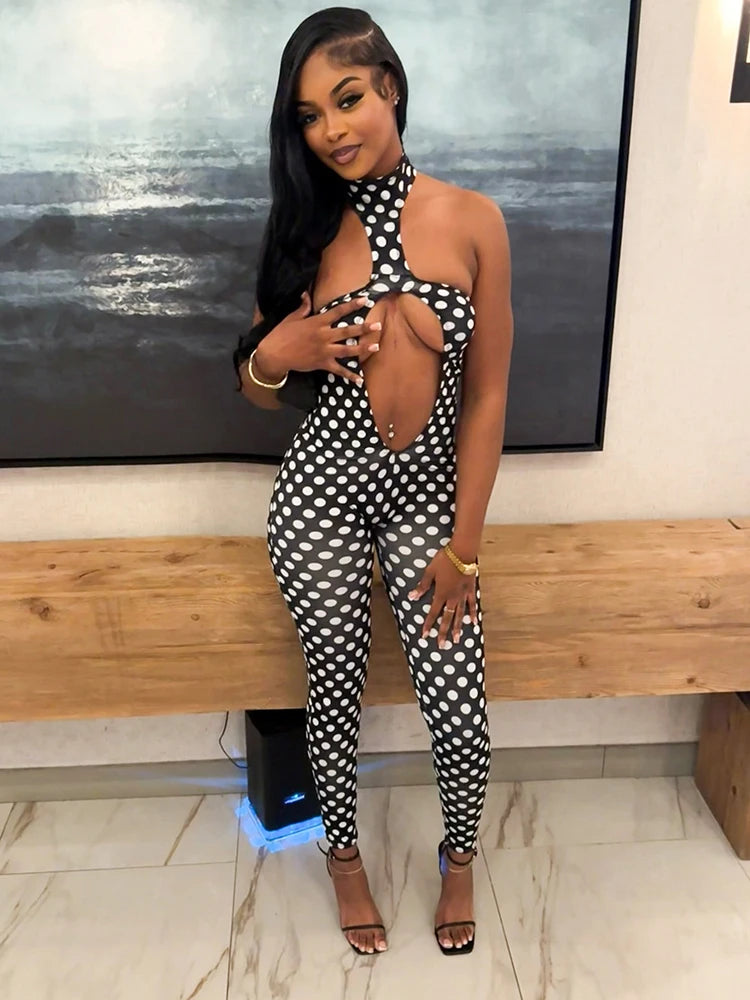 Backless Hollow jumpsuit Women Trend Polka Dot Print Halter Sleeveless Fashion Sexy Midnight Street Party Clubwear
