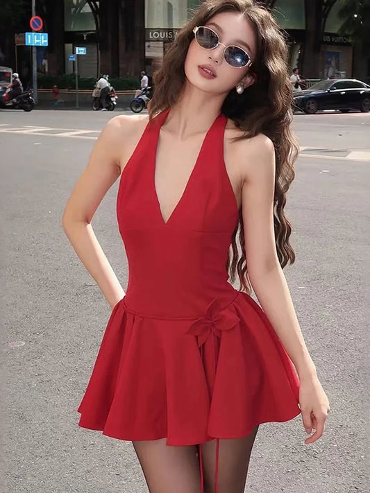 Christmas Dress Women v-Neck Backless Draped Sleeveless Birthday Party Elegant Street Chic Fashion Skinny Mini Bodycon