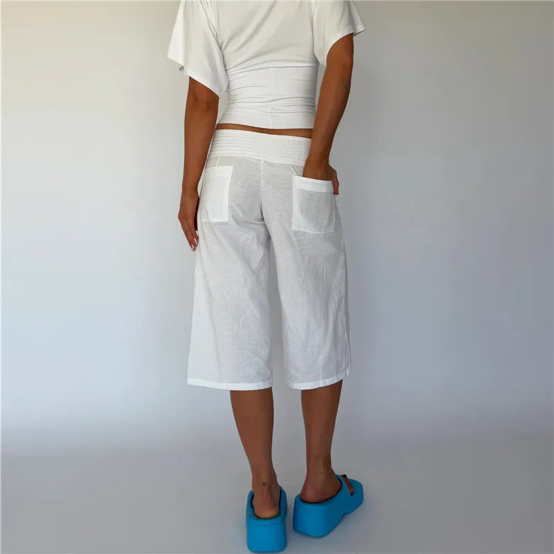 Women Y2K Low Waist Lace‑Up Linen Blend Culottes Solid Cropped Wide Leg Capri Pants With Pockets Casual Bottoms