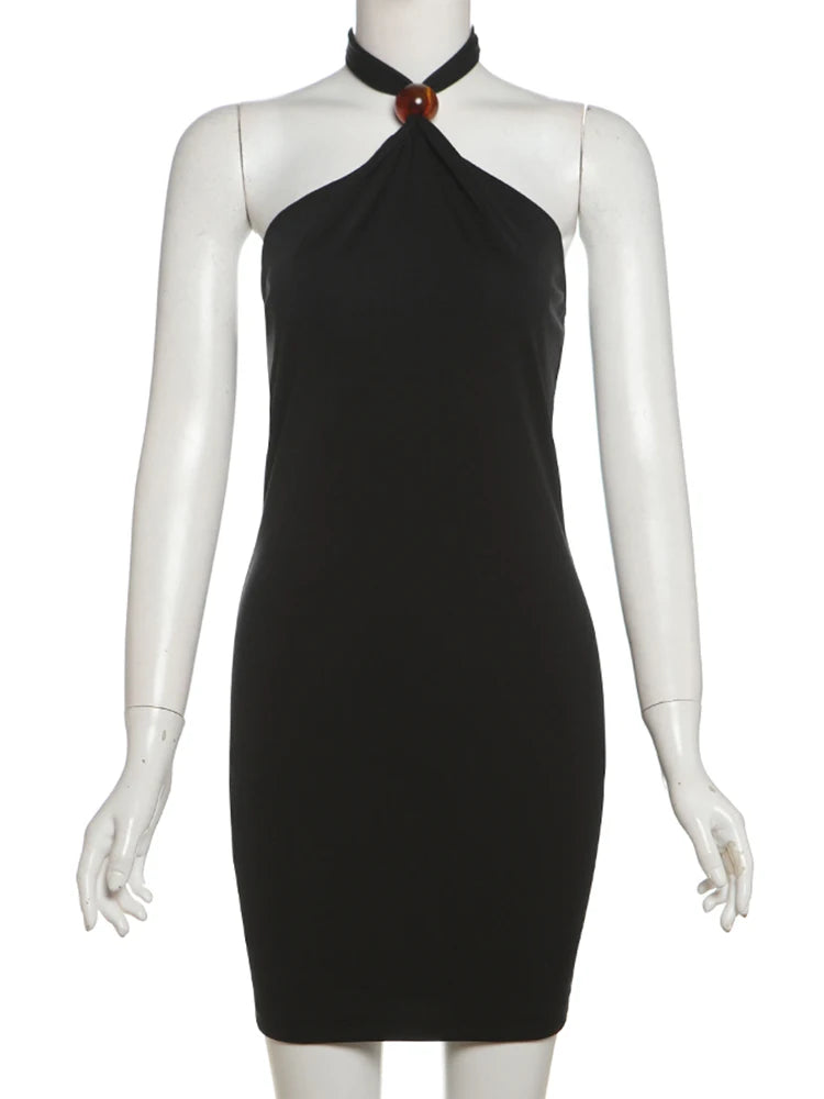 Pearl Buckle Halter Dress Women Y2K Sexy Summer Backless Bandage Simple Classic Stretch Solid Midnight Party Bodycon