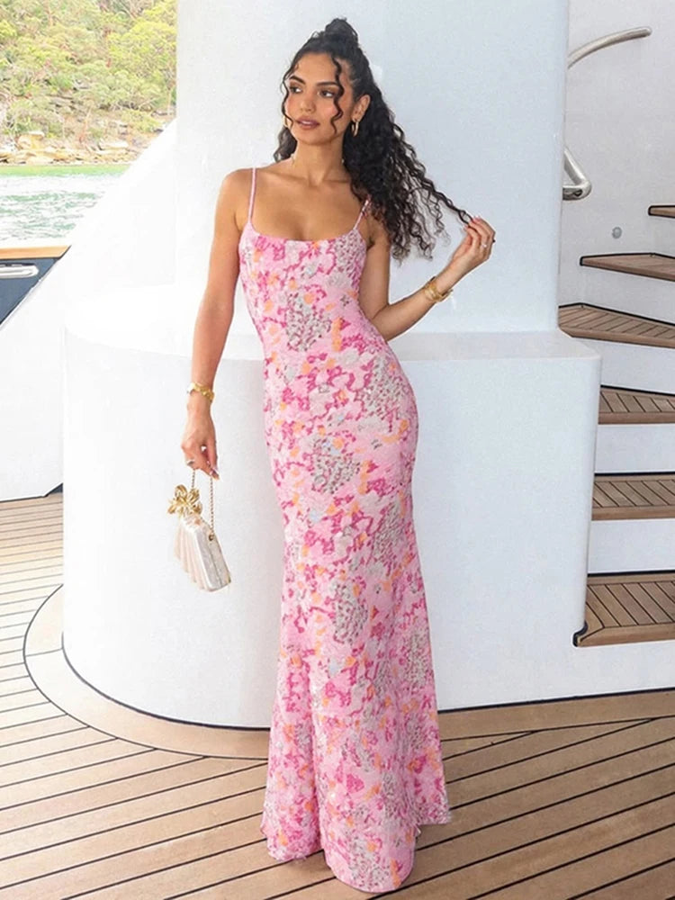 Y2K Sexy Dress Women Floral Print Backless Slit Skinny Elegant Summer Trend Party Banquet Vacation Festival Vestidos