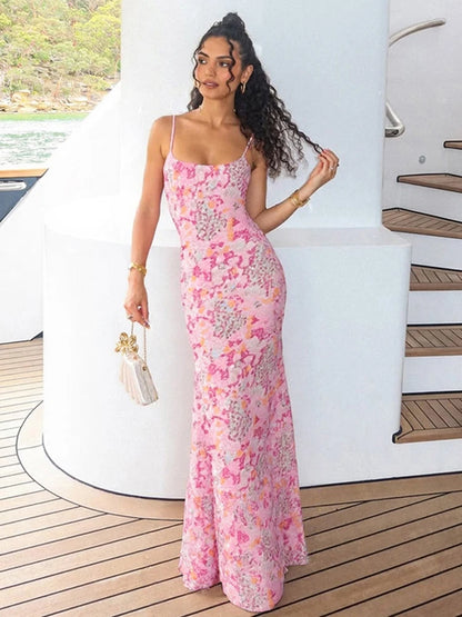 Y2K Sexy Dress Women Floral Print Backless Slit Skinny Elegant Summer Trend Party Banquet Vacation Festival Vestidos