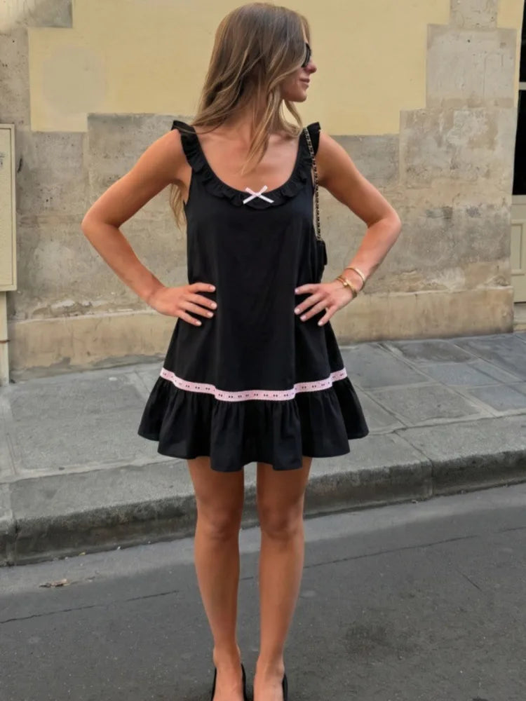 Women Ruffle Strap Mini Dress Sweet Bow Decor Contrast Lace Trim Sleeveless A‑Line Short Dress Y2K Casual Party Dress