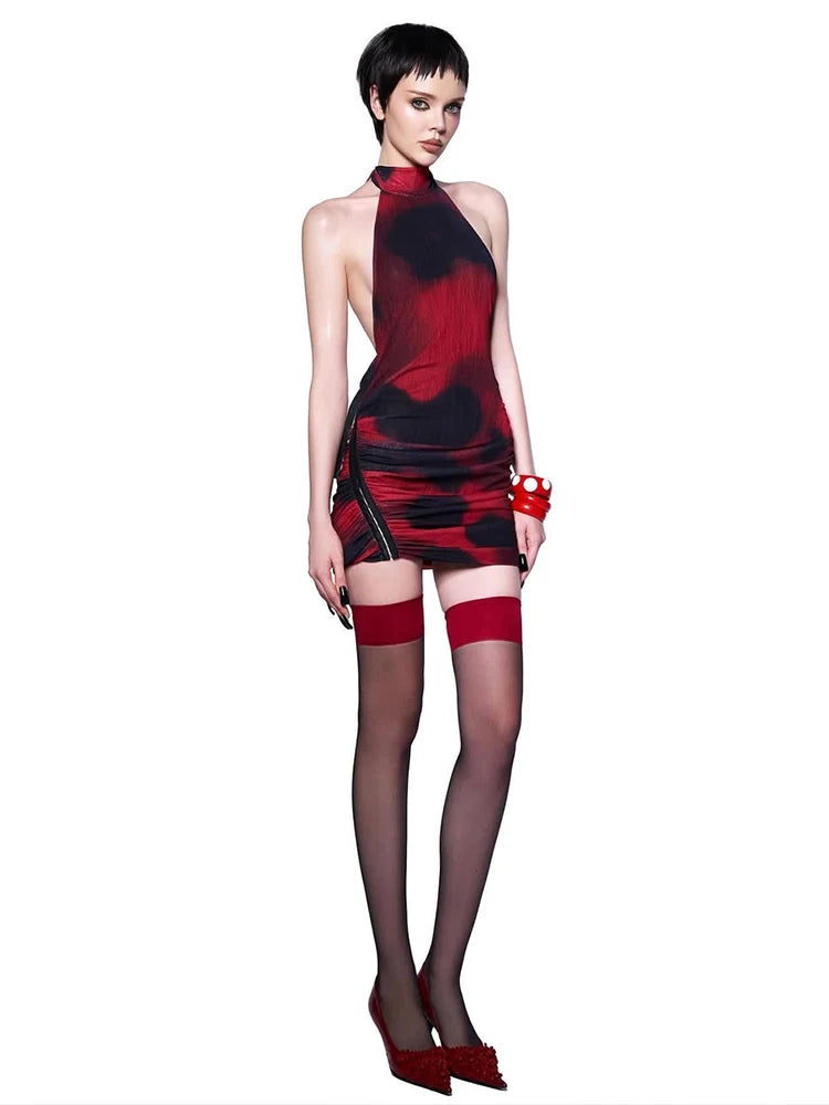 Backless Sexy Dress Women Halter Lace-Up Irregular Ruched Metal Buckle Summer Trend Midnight Sleeveless Mini Bodycon