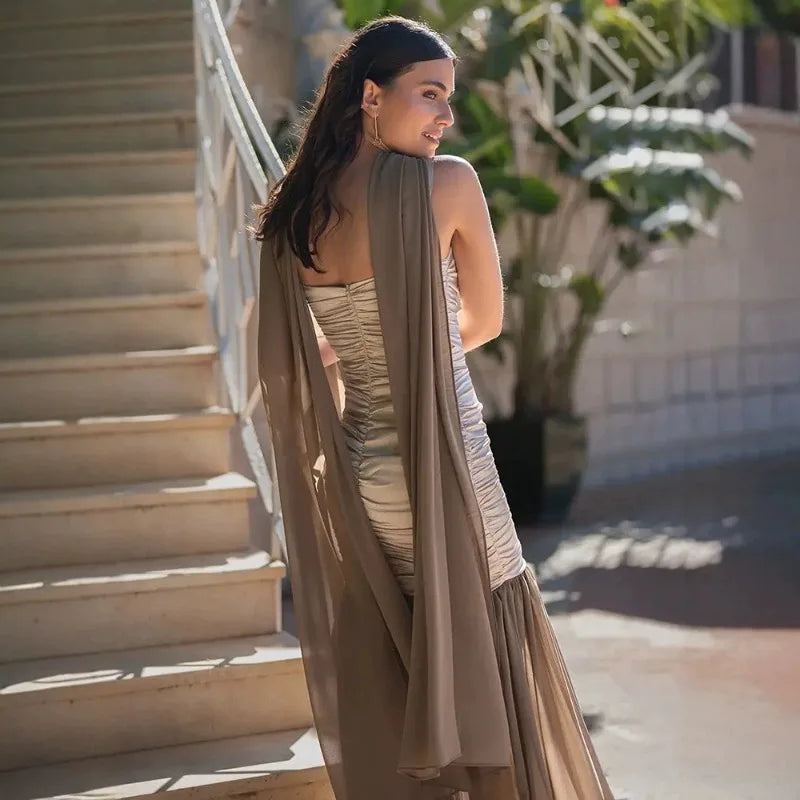 Sleeveless Pleated Maxi Dress with Scarf Satin Chiffon Patchwork Elegant Wedding Guest Dresses 2026