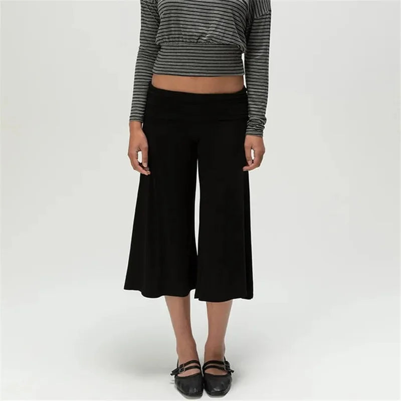 Fold Over Gaucho Pants for Women Flowy Wide Leg Yoga Capris Summer Casual Elastic Low Rise Cropped Palazzo Culottes
