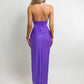 Women Halter V Neck Sexy Maxi Dress 3D Floral Decor Ruched Sleeveless Backless Split Long Bodycon Evening Party Dress