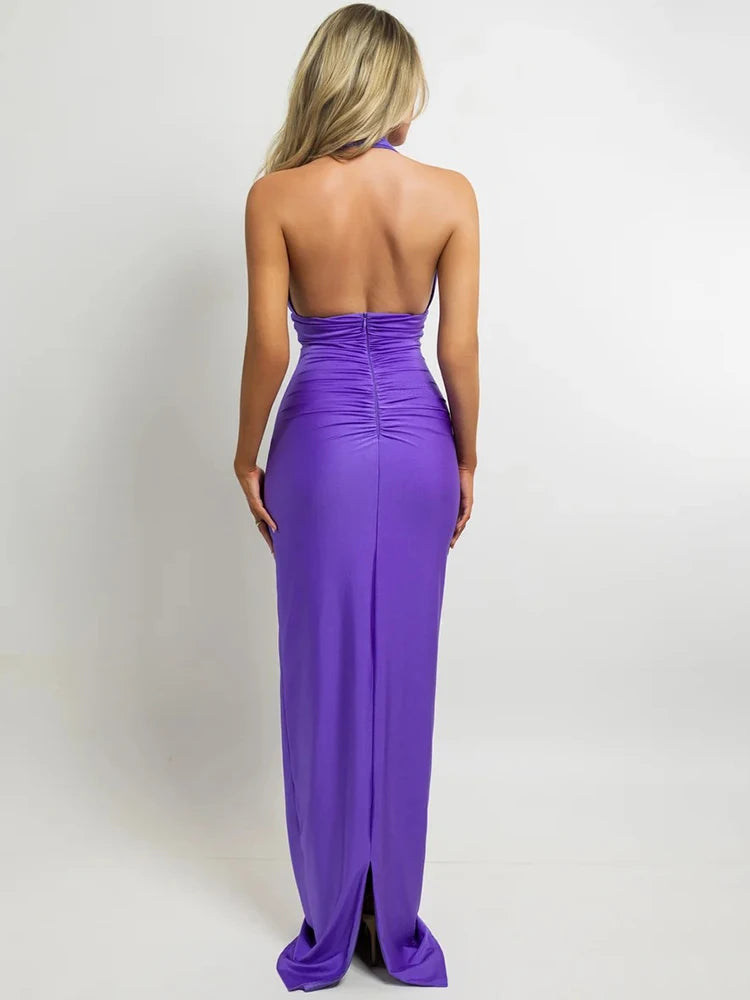 Women Halter V Neck Sexy Maxi Dress 3D Floral Decor Ruched Sleeveless Backless Split Long Bodycon Evening Party Dress