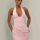 Halter Deep V Neck Sexy Mini Dress Women Elegant Sleeveless Backless Ruched Waist Bodycon Club Party Short Dresses