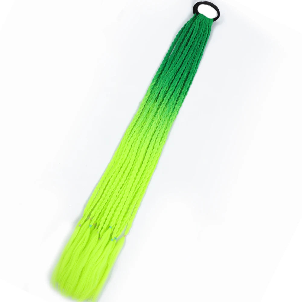 Synthetic 24inch Girls Colored Box Braided Ponytail With Elastic Rubber Band Hair Extensions Rainbow Color Box Pigtail Hairpiece