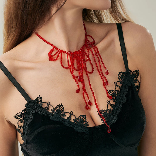 Women's Neo-Gothic Black Red Crystal Beaded Tassel Pendant Necklace Vintage Halloween Party Jewelry Accessory